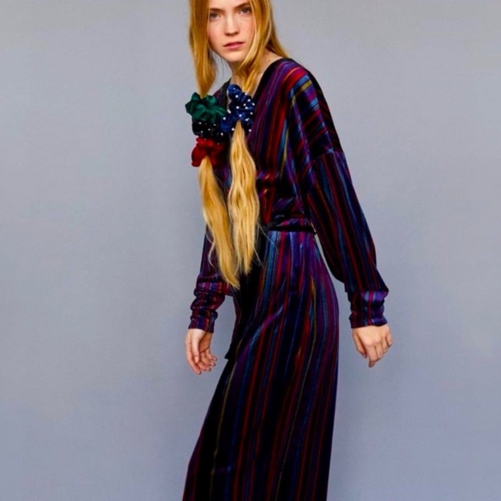 Zara Velvet Striped Belted Kimono Wrap Dress